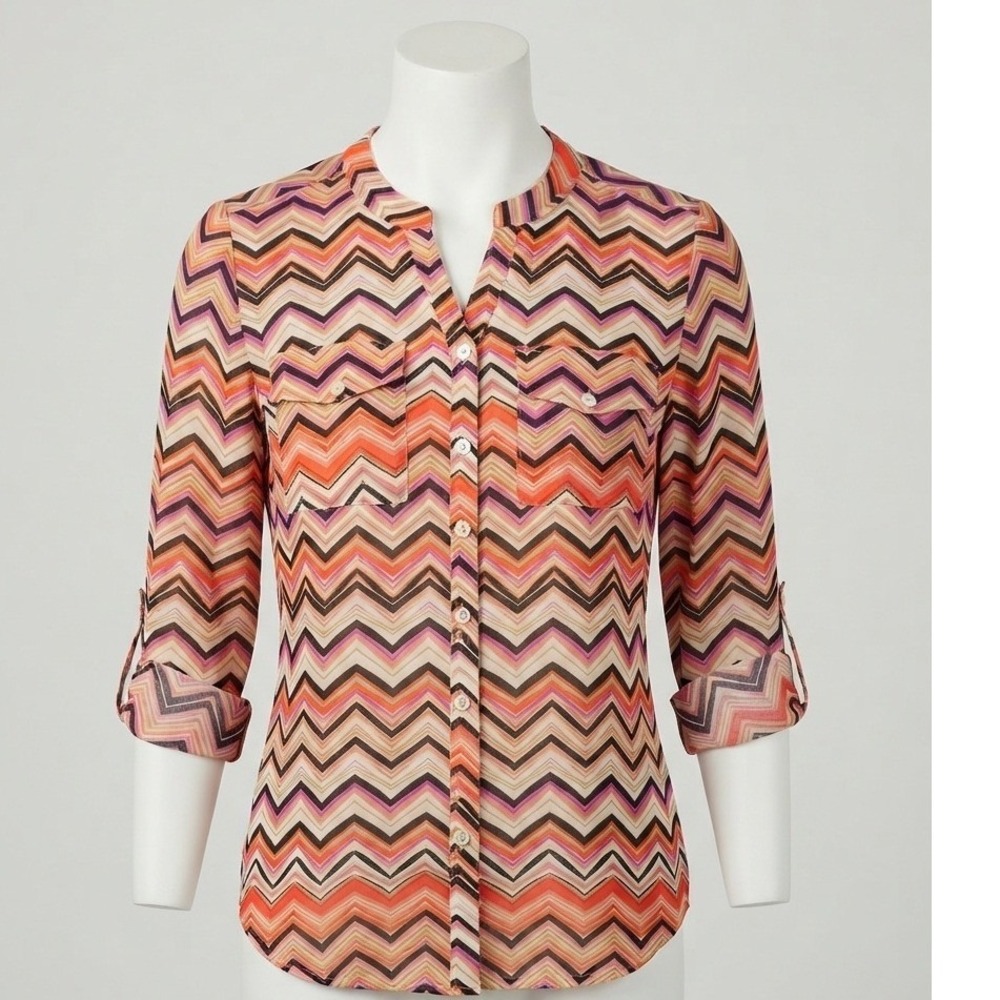 1970s Style Notations Women Orange Black Chevron Zigzag Roll Tab Sleeve Blouse S